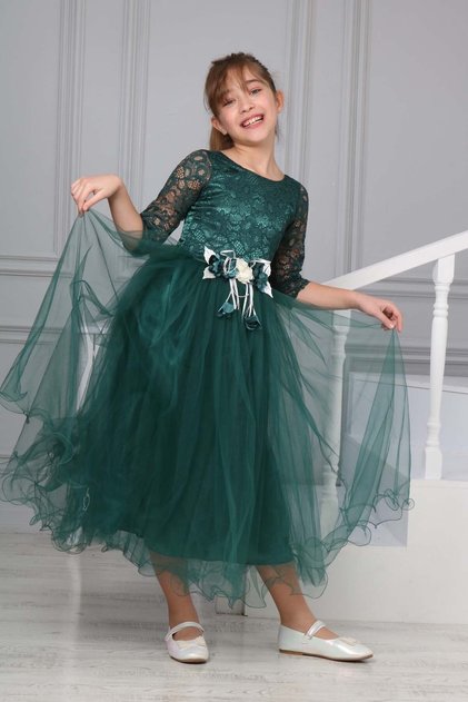 Girl's Floral Evening Dress Lace Guipure Embroidered