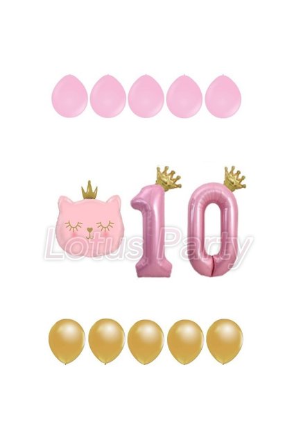 10 Year Old Cat Themed Balloon Set - Pink Gold Balloon - Pink Cat Foil Balloon Pink Number Balloon