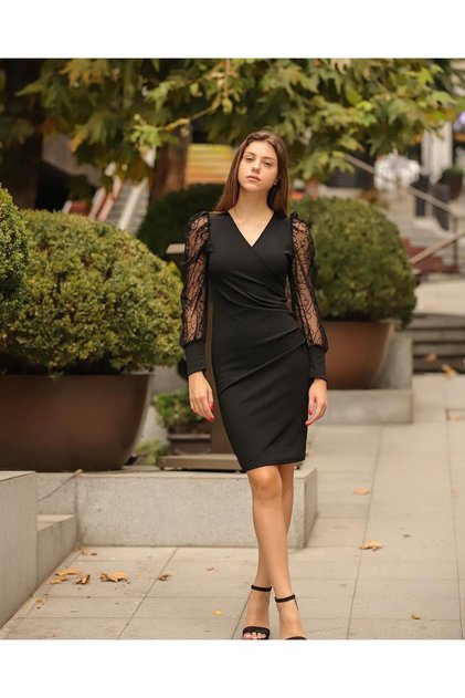 Women's Scuba Fabric Double-breasted Collar Pleated Sleeve Flock Tight Fit Dress