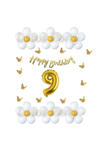 9 Year Old Butterfly Daisy Themed Balloon Set White Yellow Balloon Happy Birthday Gold Lettering - Gold Number