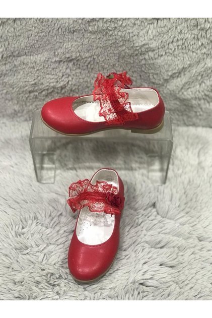 Red Skin Leather Tulle Accessory Orthopedic and Non-Slip Sole Children's Ballerinas