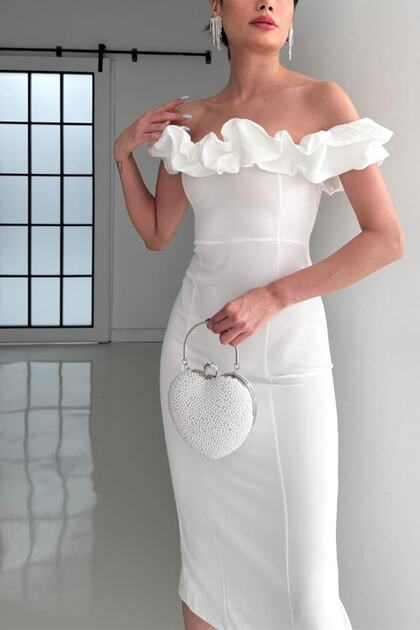 Arden Short Evening Dress, Midi Madonna Collar Ruffle Detail, Pencil Form  Wedding, Cocktail, Wedding, Graduation Dress, S-L- Trendyol
