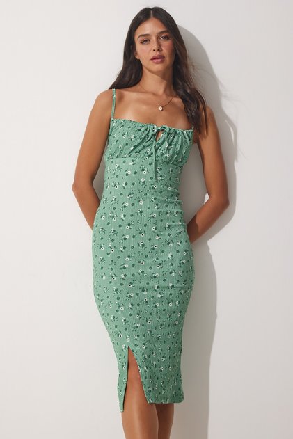 Women's Green Floral Floral Gathered Collar Summer Knitted Dress FF00124