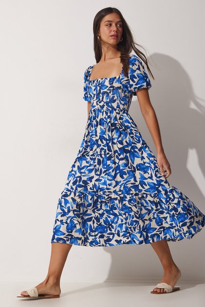 Women's Blue Floral Patterned Summer Viscose Dress CI00079
