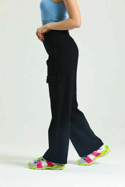 Atlanta Black Cargo Loose Back Pocketless Lycra Super High Waist Jean Trousers