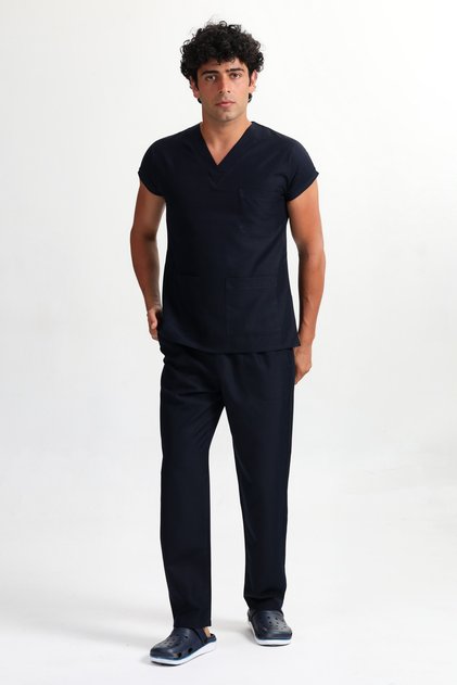 Men's Lycra Scrubs Doctor Nurse Uniform Set Black