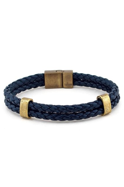 Men's Navy Blue Leather Double Row Bronze Metal Bracelet BT525