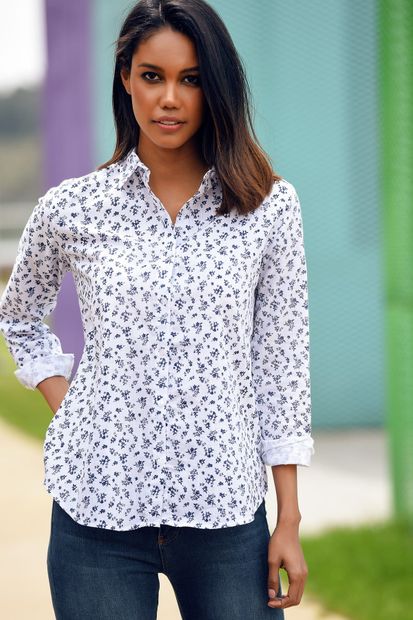 Trend Alaçatı Stili Kadın Beyaz Basıc Desenli Gömlek DNZ-2547 - 1