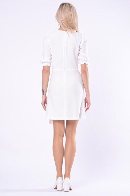 İroni Kadın Ekru Kemerli Mini Elbise 5258-891 - 3