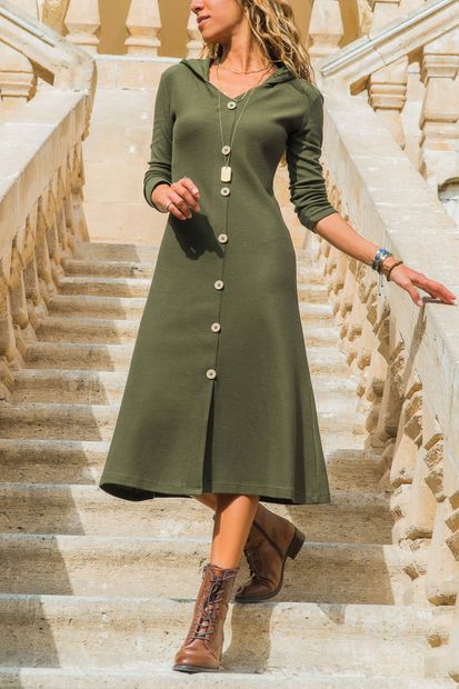 Trend Alaçatı Stili Kadın Haki Kapüşonlu Düğmeli Elbise ALC-018-121-KA - 1