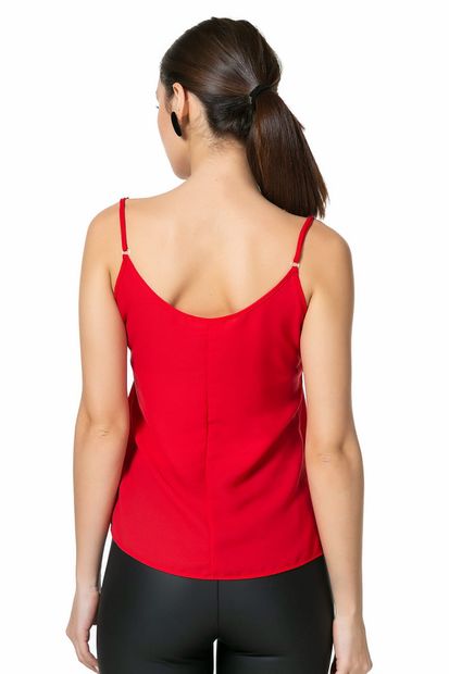 Sateen Kadın Dantel Detay Kırmızı Askılı Bluz 403-1164 - 3
