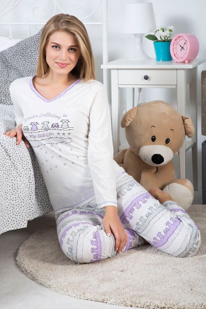 STRAWBERRY Kadın Ekru Baskılı Uzun Kollu Pijama Takımı 3032 - 1
