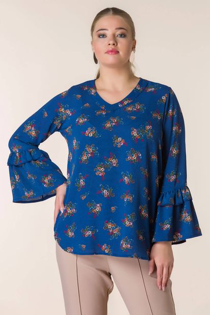 RMG Kadın Lacivert Çiçek Desenli Kol Detaylı Krep Bluz 6510 - 4
