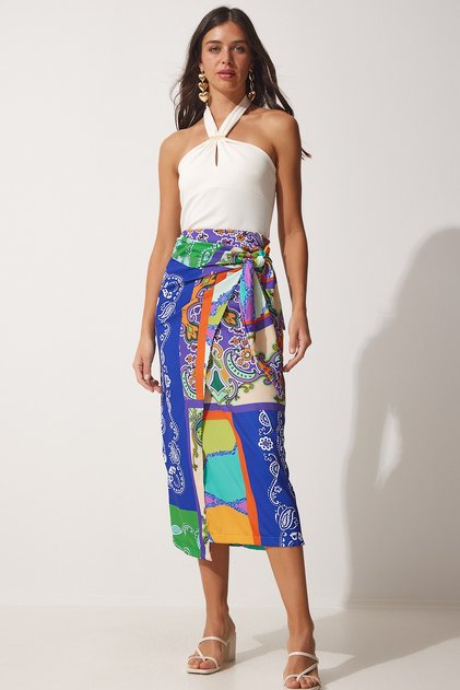 Women's Navy Blue Green Patterned Satin Surface Viscose Wrap Skirt ON00044