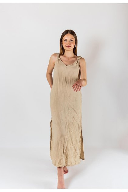 Kyra Muslin Shoulder Detailed Dress Beige