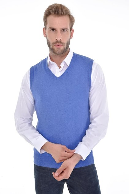 Men's V-Neck Indigo Sweater Angora Rabbit Wool Regular Fit