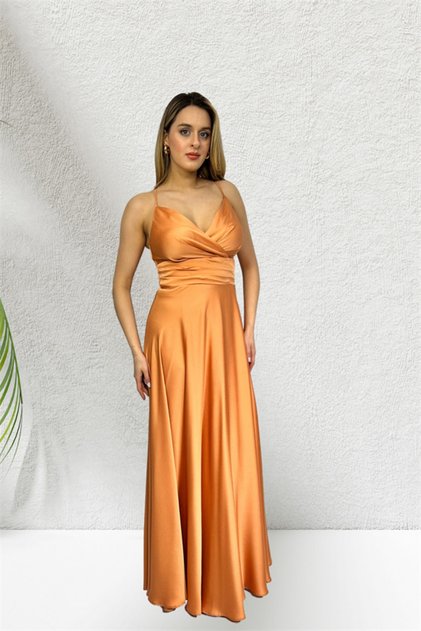 Oranj Ip Askı Saten Uzun Abiye