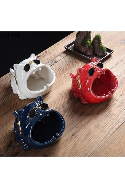 3-Piece Decorative Panty Table with Bulldog Figure Figurine Desktop Home Office Decoration Ashtray