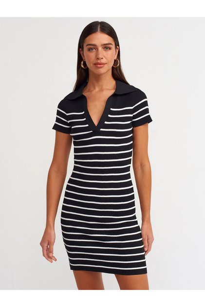 90146 Polo Neck Striped Short Sleeve Knitwear Dress-black-ecru