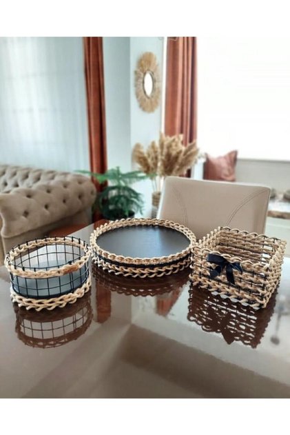 Natural Wicker Decorative 3-Piece Basket Set Basket and Tray