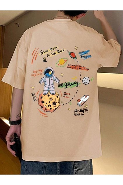 Unisex Beige Back Space Printed Oversize Crew Neck T-shirt