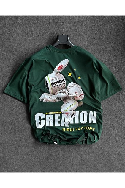 Plus Size Niruisos Astronaut Rabbit Printed Oversize Crew Neck T-shirt