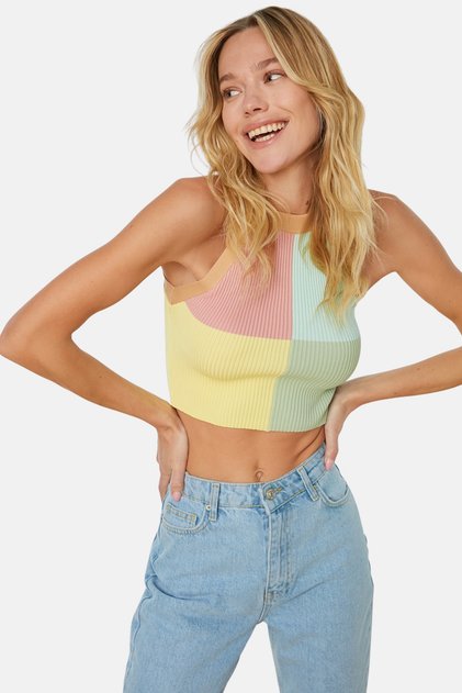 Κίτρινο Crop Color Block Πλεκτά Πλεκτά Λεπτή μπλούζα TWOSS22BZ0402