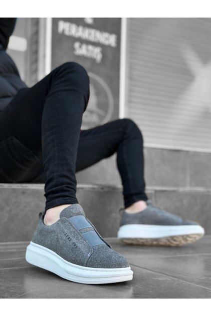 Men's Suede Gray White Sole Sports Durable Casual Shoes High Thick Sole Banded Sneaker