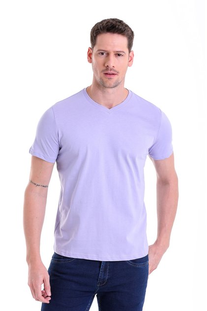 Lilac Plain Regular Fit 100% Cotton V-Neck T-Shirt