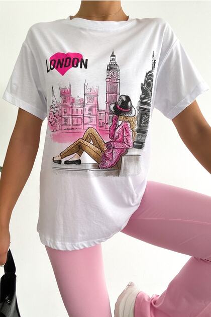 Women's White Crew Neck Sequin Detailed T-Shirt