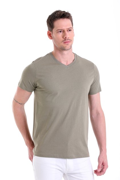 Khaki Regular Fit Plain 100% Cotton V-Neck T-Shirt