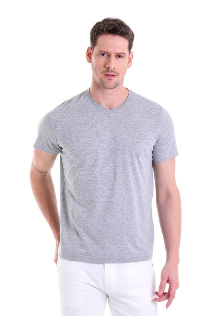 Gray Regular Fit Plain 100% Cotton V-Neck T-Shirt
