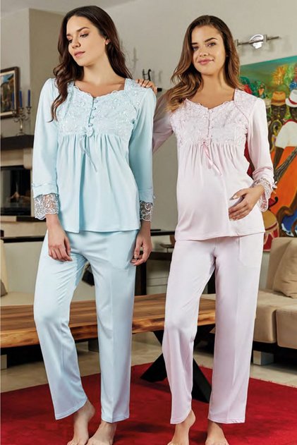 Pregnant Bone Lace Sleeve Maternity Pajama Set Pink