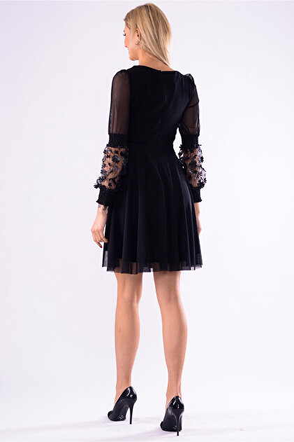 İroni Kadın Sıyah Lazer Çiçekli Tül Mini Elbise 5240-1240 - 3