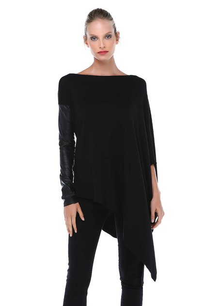 Women's Black Leather Long Tunic with Sleeves BD2408