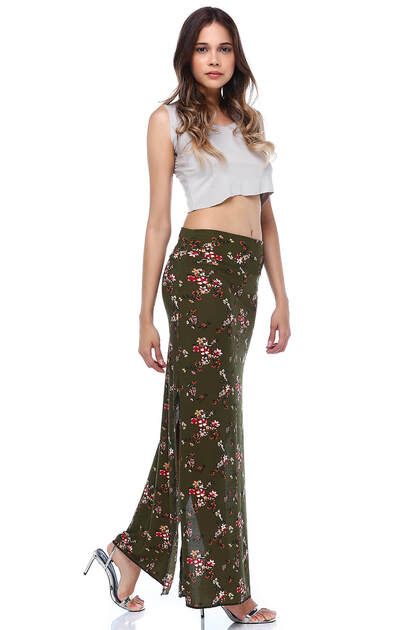 Women's Patterned Crepe Slim Fit Slit Skirt Ek2356