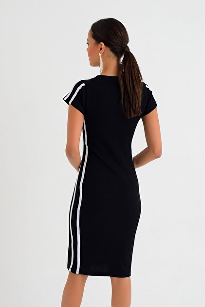 Cool & Sexy Kadın Siyah Yanı Şeritli Kaşkorse Elbise NA6886 - 2