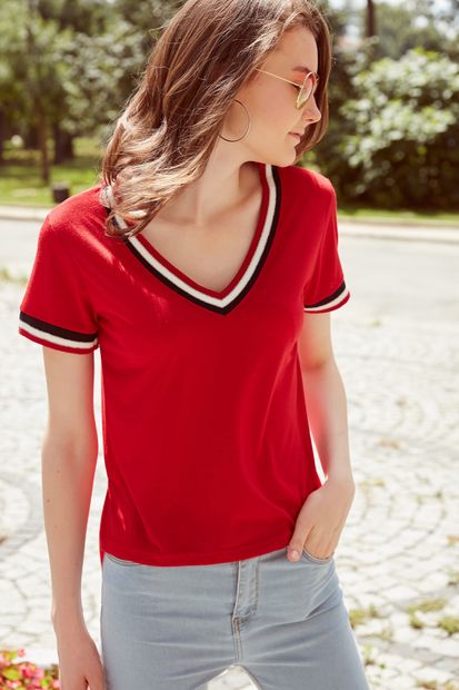 Olgun Orkun Kadın Kırmızı Kol Ve Yakası Şeritli T-Shirt O&O-8Y148029 - 3