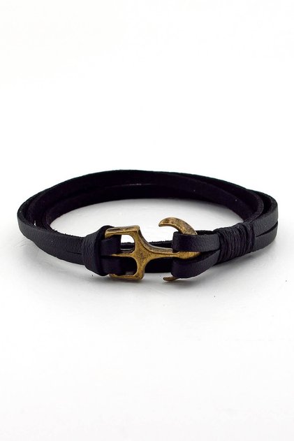 Men's Double Wrap Bronze Anchor Black Leather Bracelet Bt372