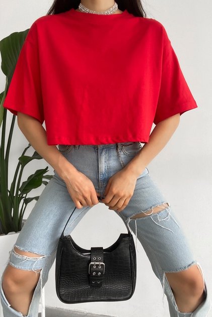 Women's Red 100% Cotton Crop T-Shirt