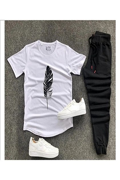 Unisex White Leaf Printed T-Shirt Black Sweatpants Slim Fit Combined Top and Bottom Set