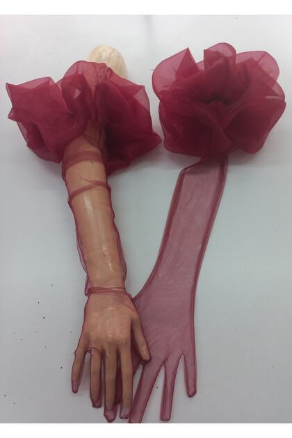 Gemma Organza Frilly Party Gloves Long Claret Red