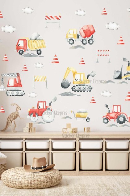 Iş Makinaları Çocuk Odası Duvar Kapı Cam Sticker Seti