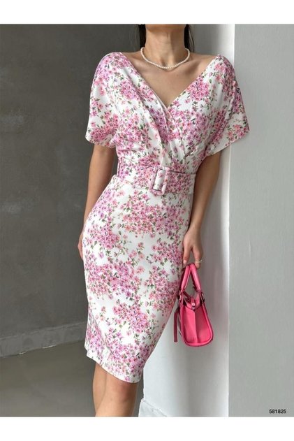 Women's Belted Half Sleeve Skuba Fabric Double Breasted Collar Evening Dress Night Graduation Dress Crispy Pink