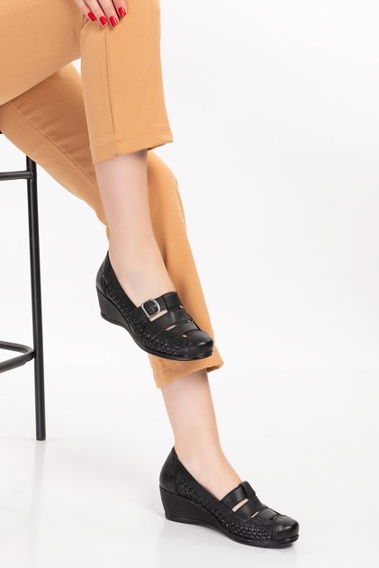 Women's Black Genuine Leather Orthopedic Shoes with Adjustable Buckle