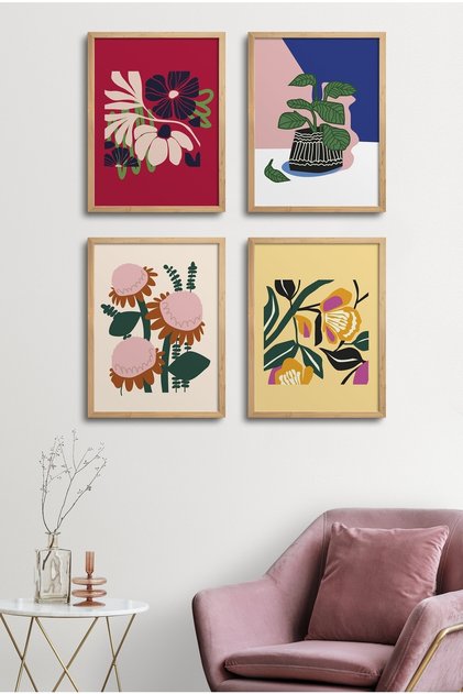 4 Piece Framed Painting Set? Flower Design 18X23 cm 30X40 cm Black and White Wooden Frame? D-032