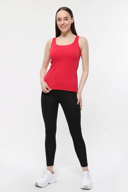Kadın U Yaka Sıfır Kol Regular Fit Basic Geniş Askılı Tişört Fuşya