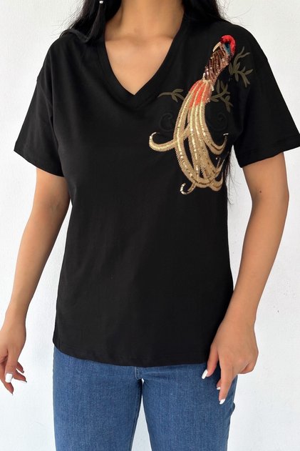 Women's Black V-Neck Design Bird Sequin Sequin Embroidered 100% Cotton T-Shirt