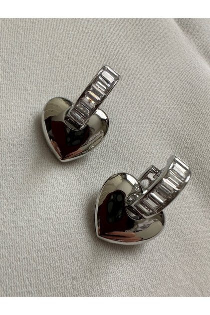 Baguette Stone Silver Color Heart Model Earrings