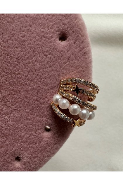 Gold Incili Ve Kutup Yıldızı Model 5 Sıra Earcuff Kıkırdak Küpe